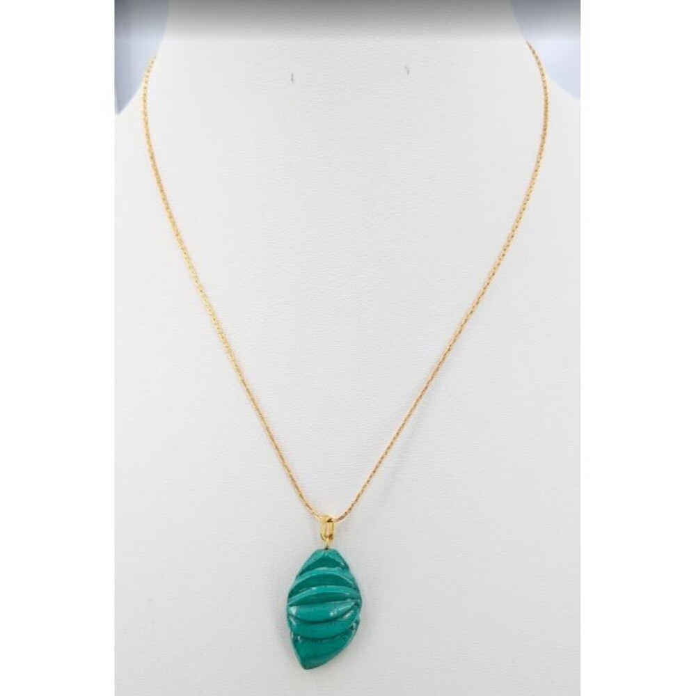 Green Sculpted Leaf Pendant Necklace 1/20 12KT GF Clasp Only 19 Inch Gold Tone